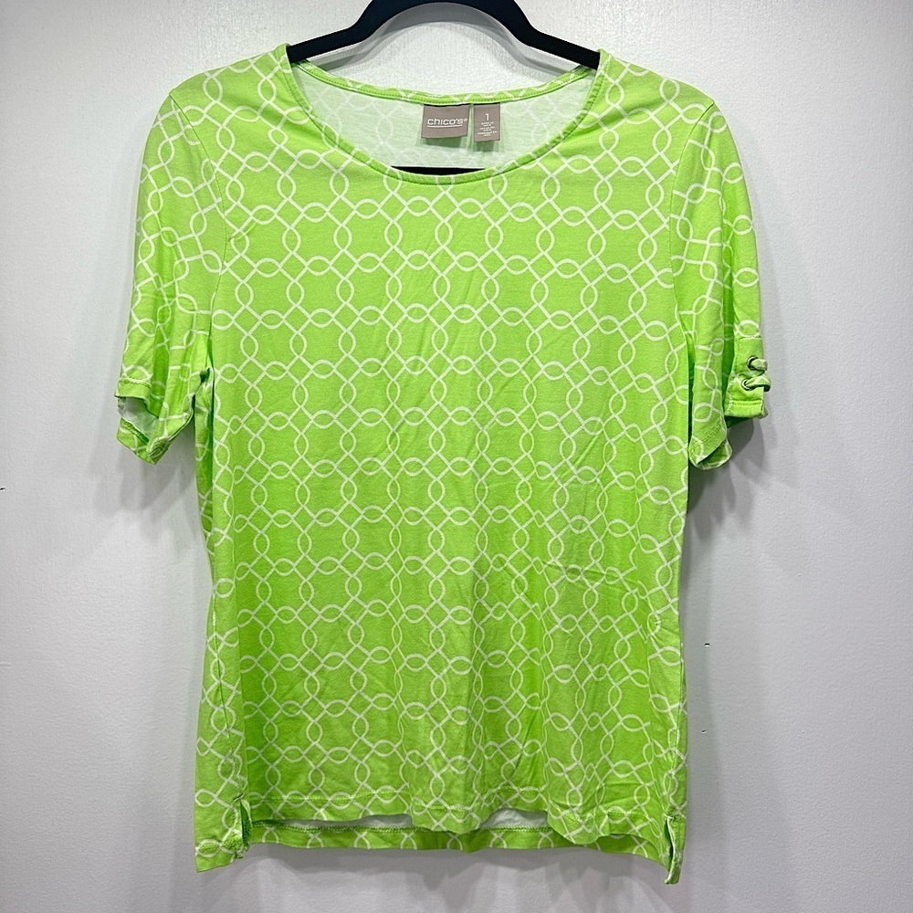 Chico’s Lime Green White Print Laced Grommet Short Sleeve Tee